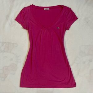 Lacoste Pink V-Neck Short Sleeve Tee 38 Small Croc Logo Preppy Sporty Coquette